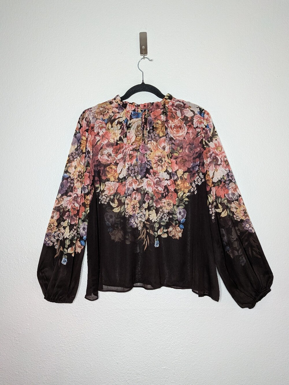 Rachel Zoe Black Floral Silk Sheer Quiet Luxury Bishop Sleeve Mock Neck Blouse L